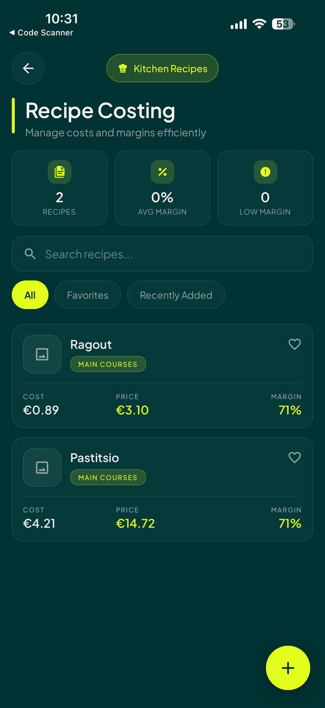 Recipe Costing — recipes with cost, price, and margin data